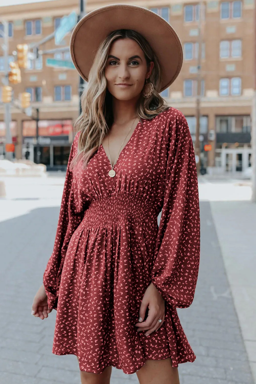 Fiery Red V Neck Balloon Sleeve Smocked Waist Printed Mini Dress