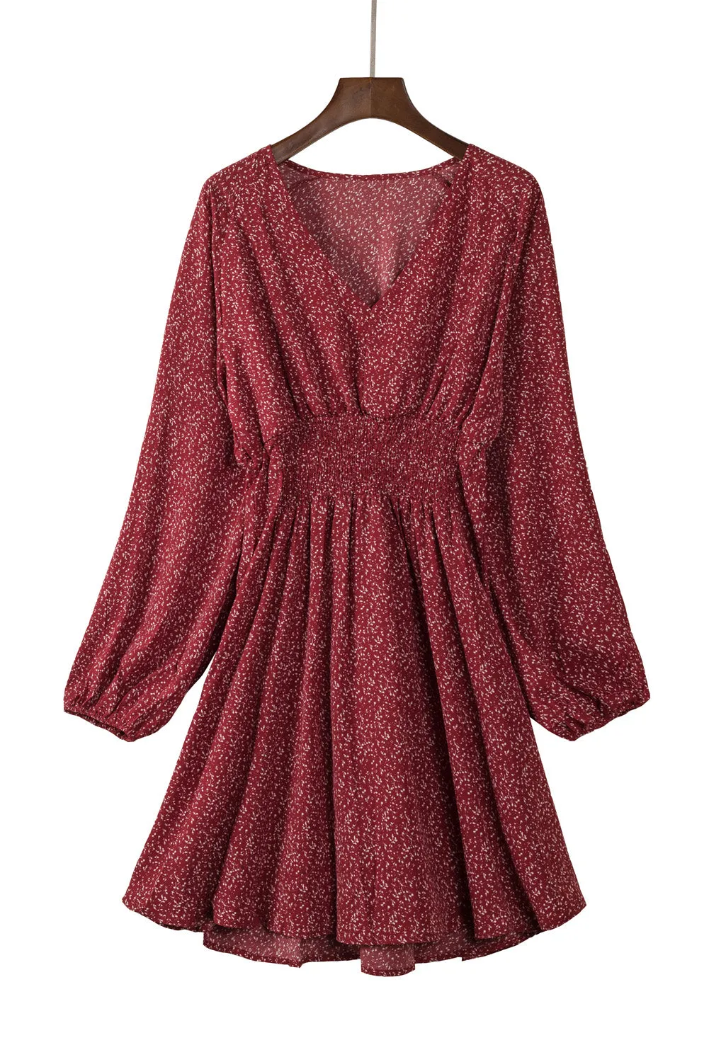 Fiery Red V Neck Balloon Sleeve Smocked Waist Printed Mini Dress
