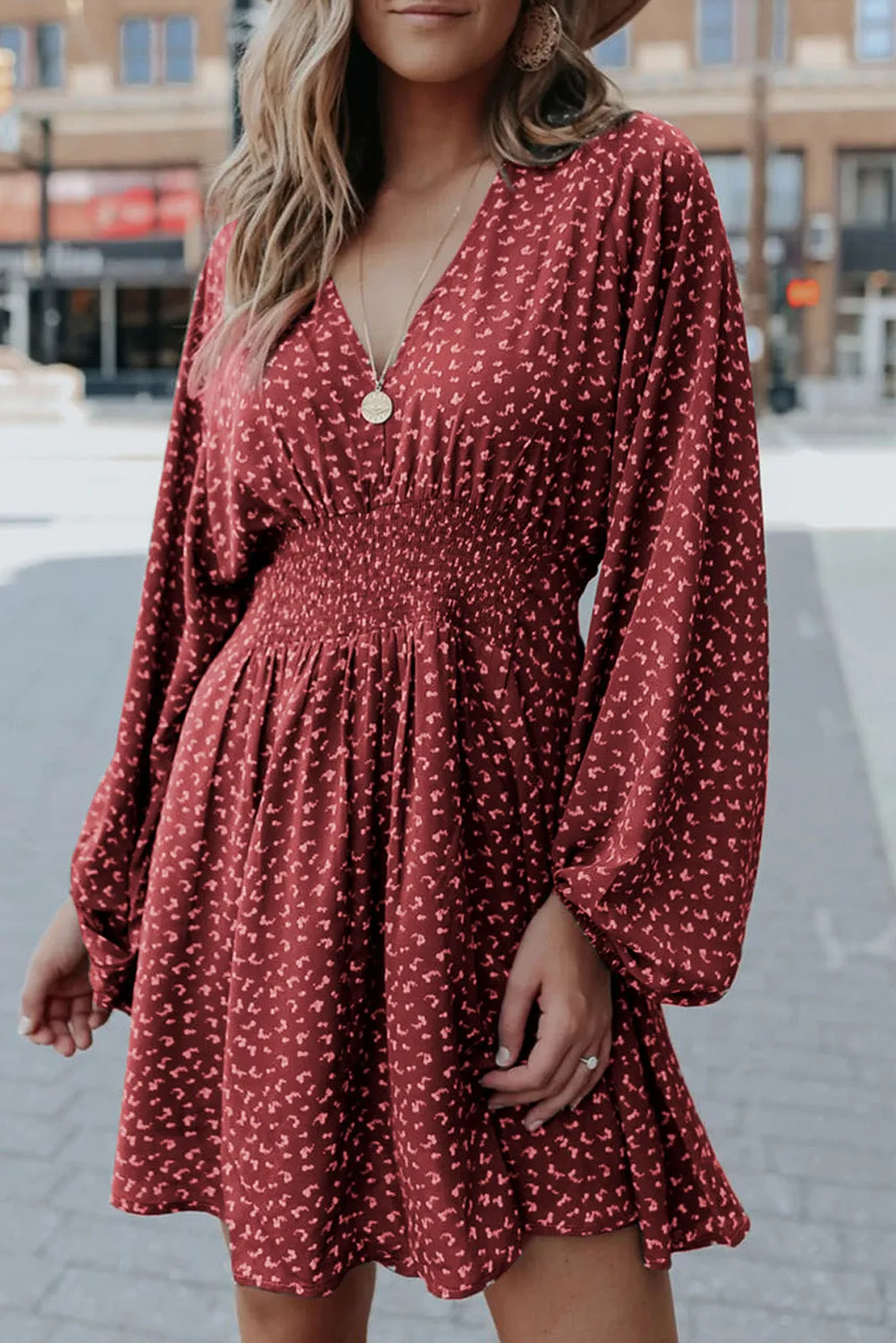 Fiery Red V Neck Balloon Sleeve Smocked Waist Printed Mini Dress