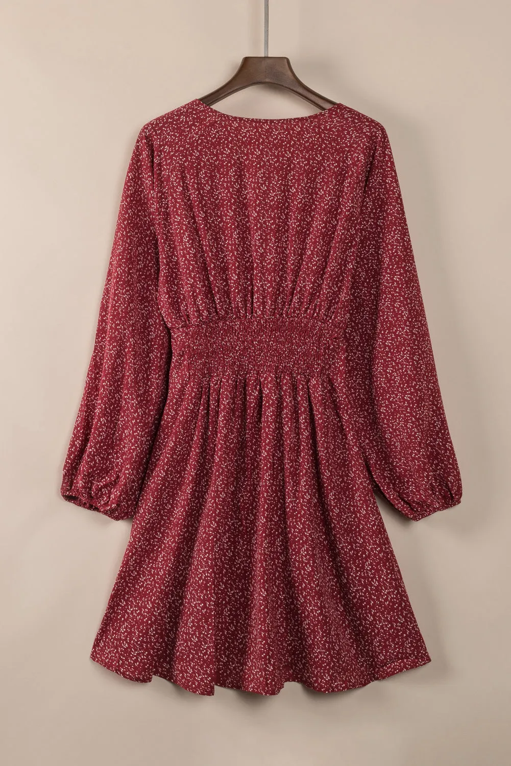 Fiery Red V Neck Balloon Sleeve Smocked Waist Printed Mini Dress