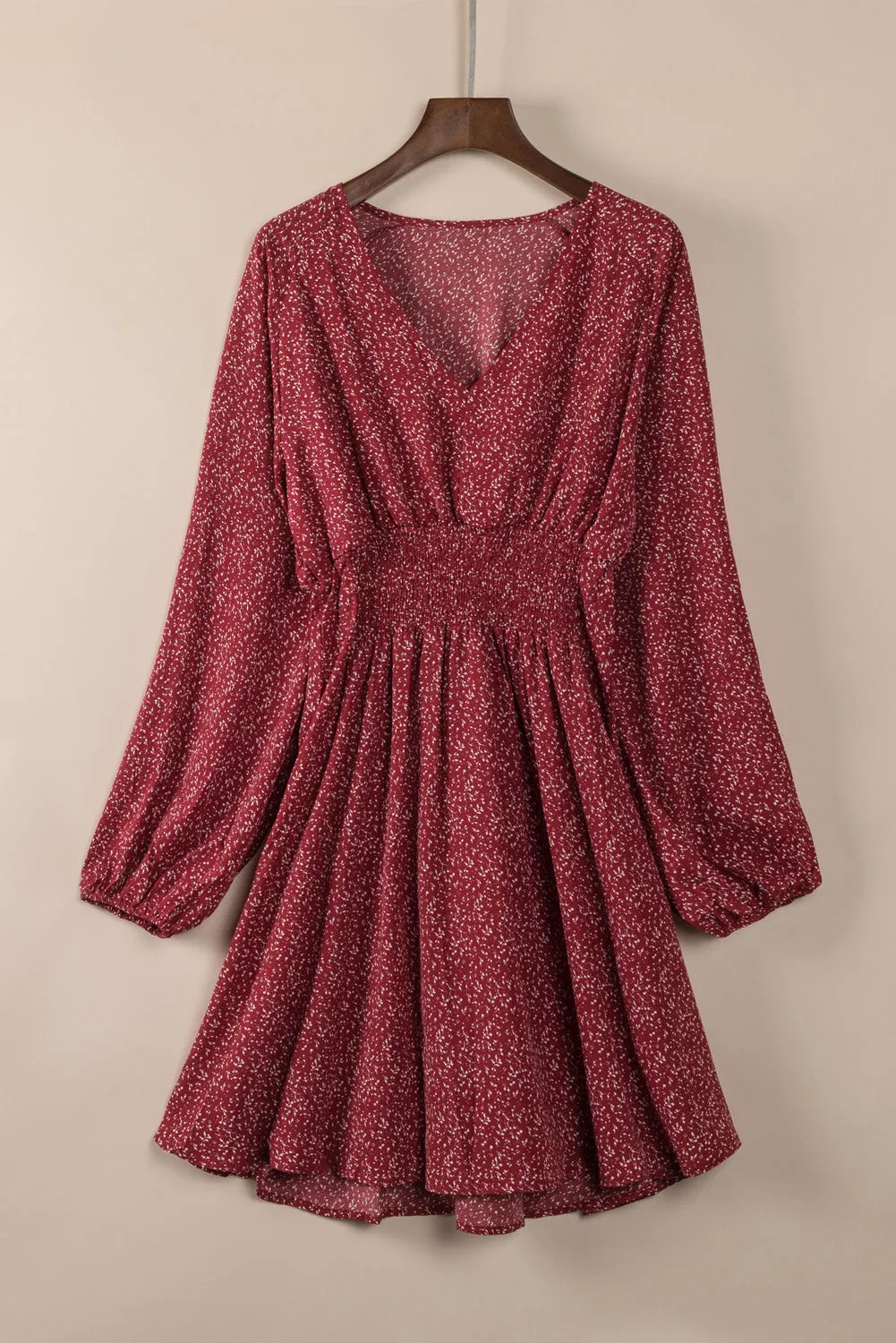 Fiery Red V Neck Balloon Sleeve Smocked Waist Printed Mini Dress