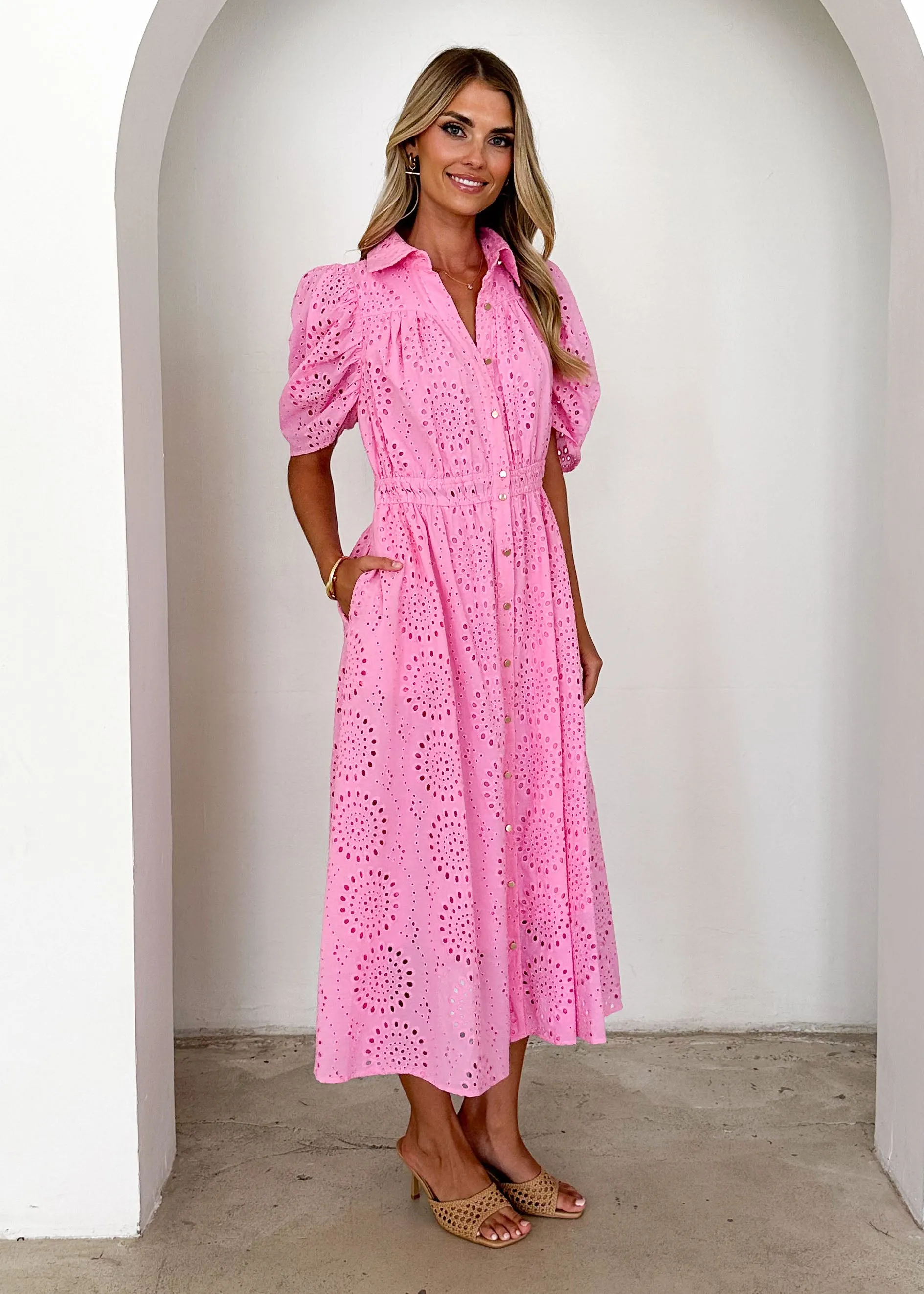Fiora Midi Dress - Pink Anglaise