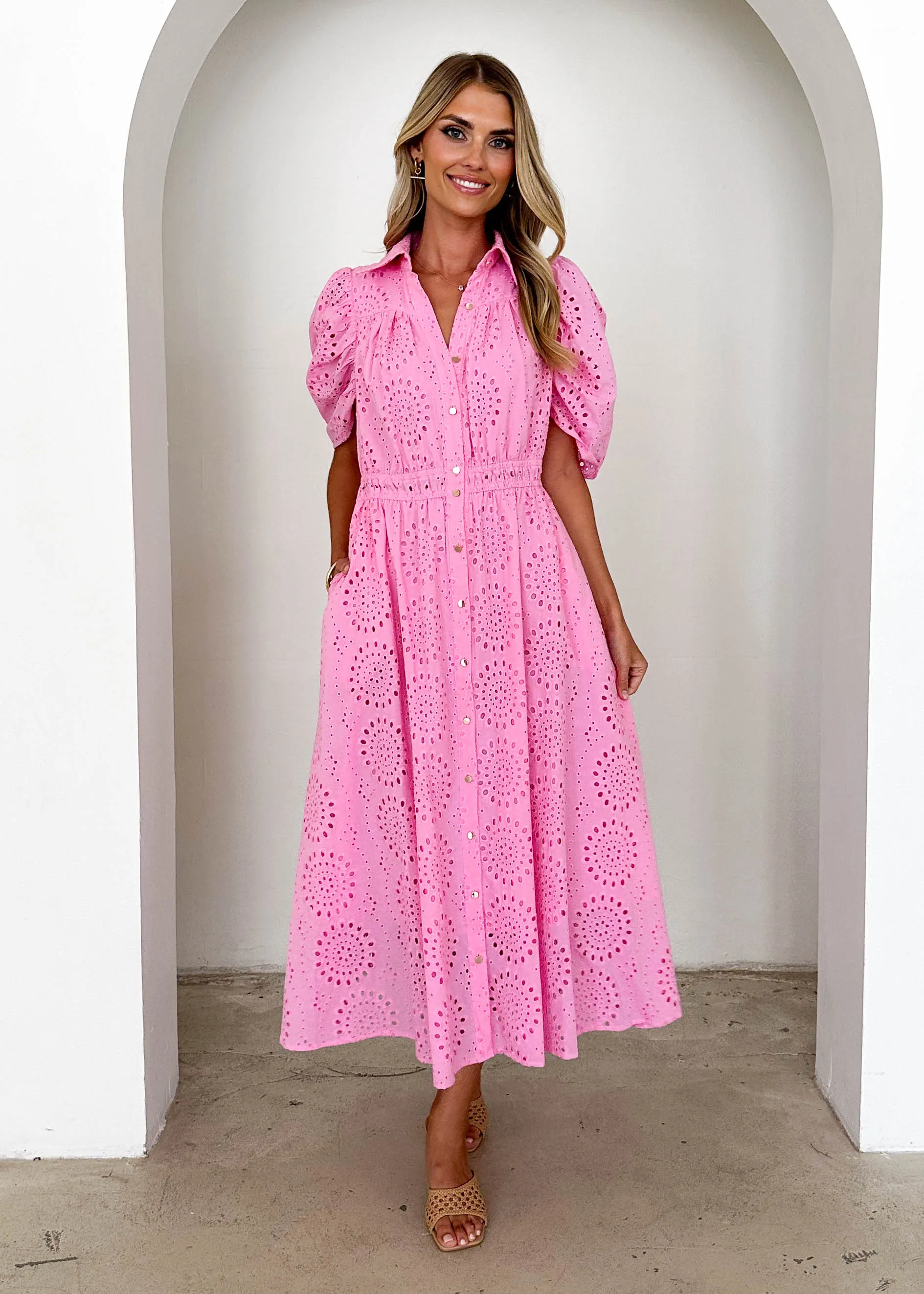Fiora Midi Dress - Pink Anglaise