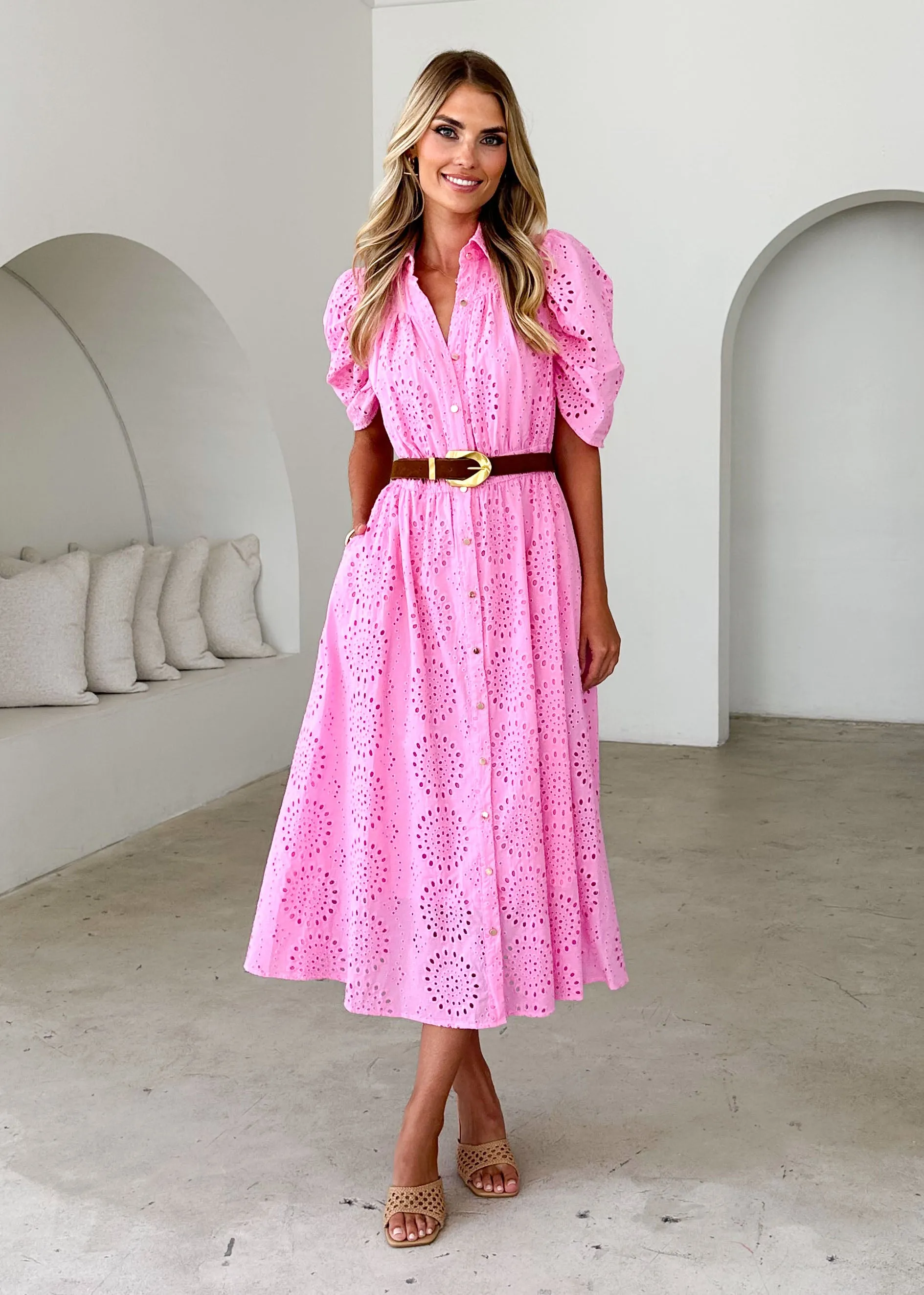 Fiora Midi Dress - Pink Anglaise
