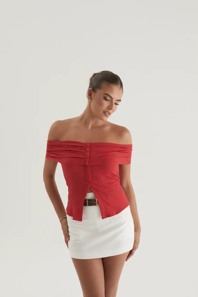 Hewitt Off Shoulder Knit Top - Red