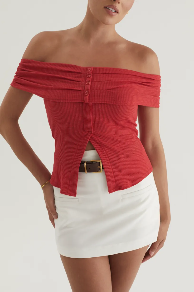 Hewitt Off Shoulder Knit Top - Red