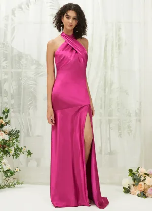 Hot Pink Satin Halter Neck Sleeveless Maxi Bridesmaid Dress With Slit
