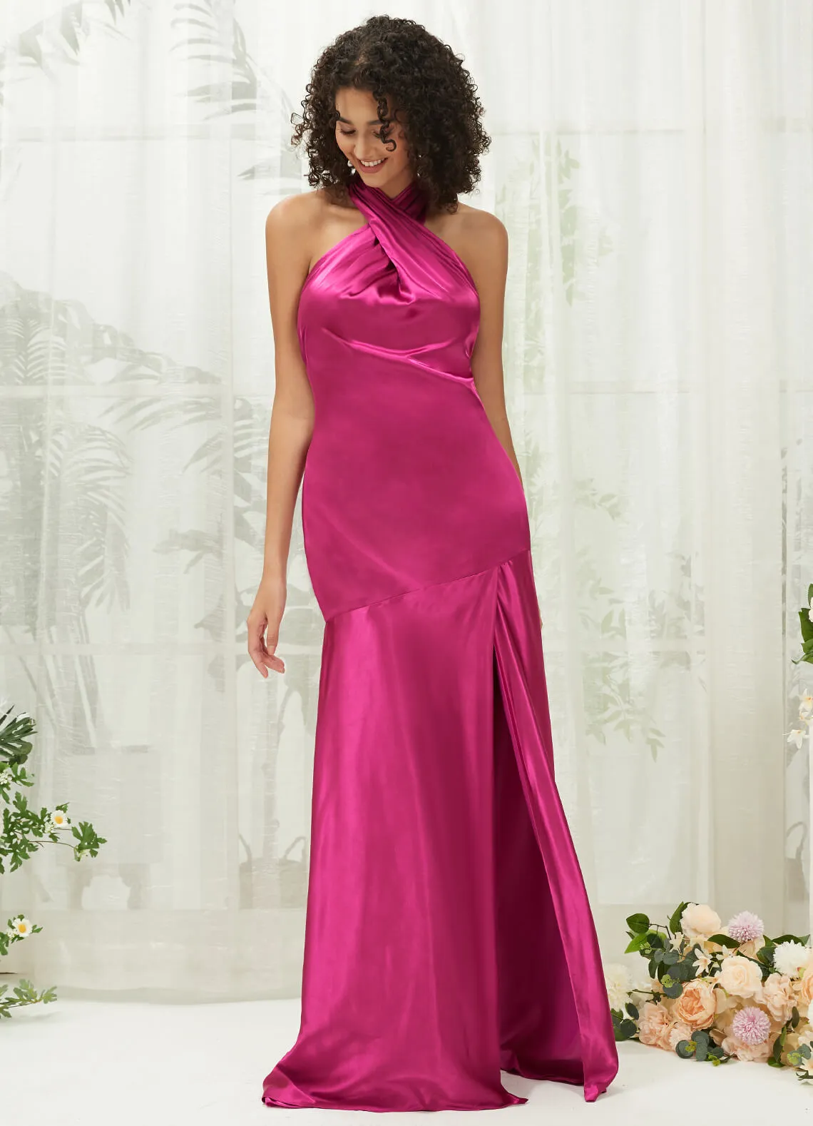 Hot Pink Satin Halter Neck Sleeveless Maxi Bridesmaid Dress With Slit