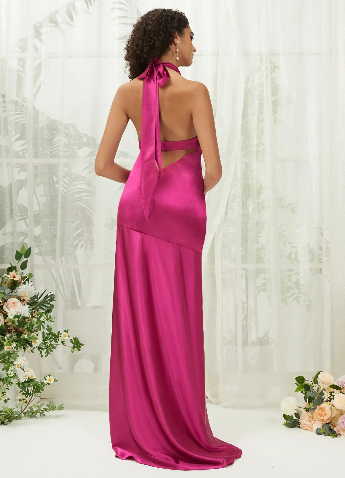 Hot Pink Satin Halter Neck Sleeveless Maxi Bridesmaid Dress With Slit
