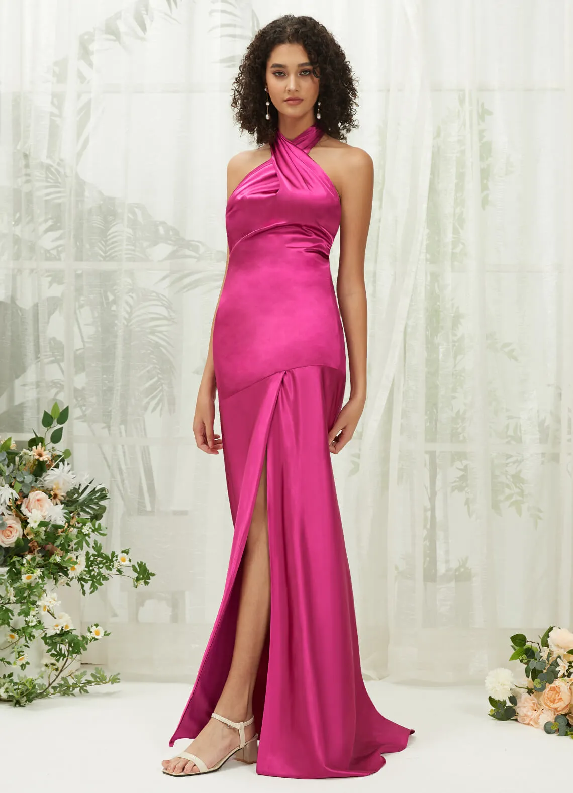 Hot Pink Satin Halter Neck Sleeveless Maxi Bridesmaid Dress With Slit