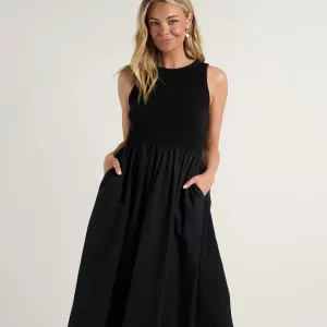 Indispensable Crew Neck Contrast Midi Dress - Black