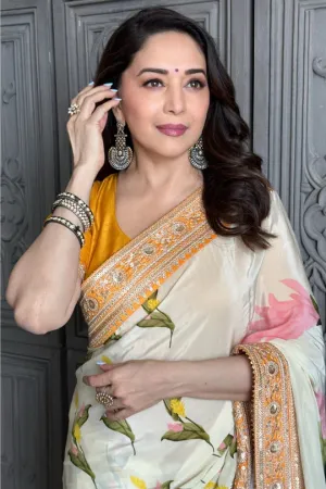 Ivory Floral Fantasy Saree w/Blouse - Ready To Ship