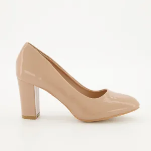Ladies Almond Toe Midi Block Heels - Nude