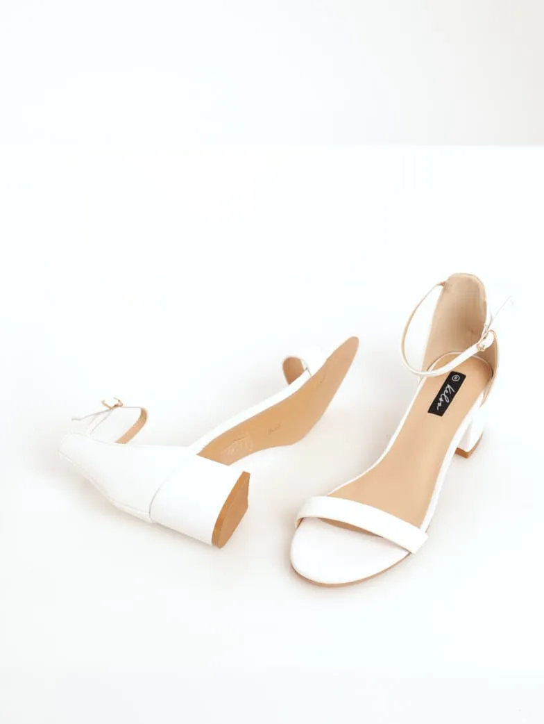 Ladies Basic Low Block Heel Mule With Ankle-Strap - White
