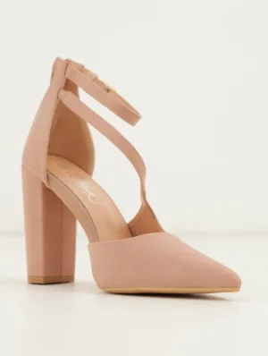 Ladies Block Heel Mule with Ankle Strap - Pink