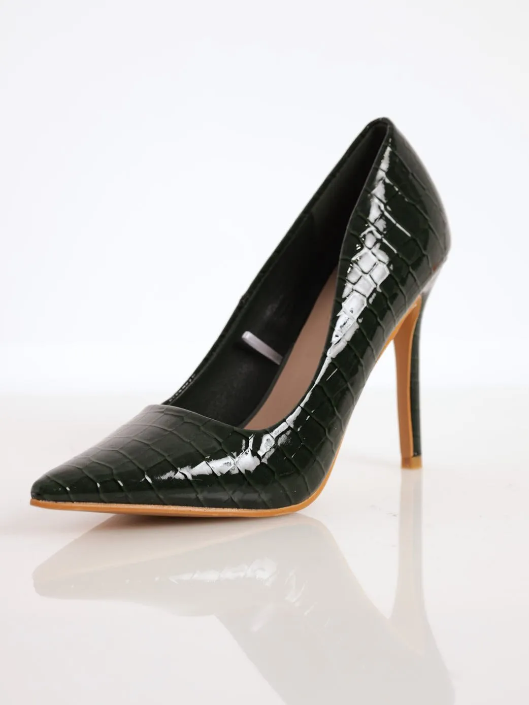 Ladies Croc Embossed Patent Pointed Stiletto Heel - Bottle