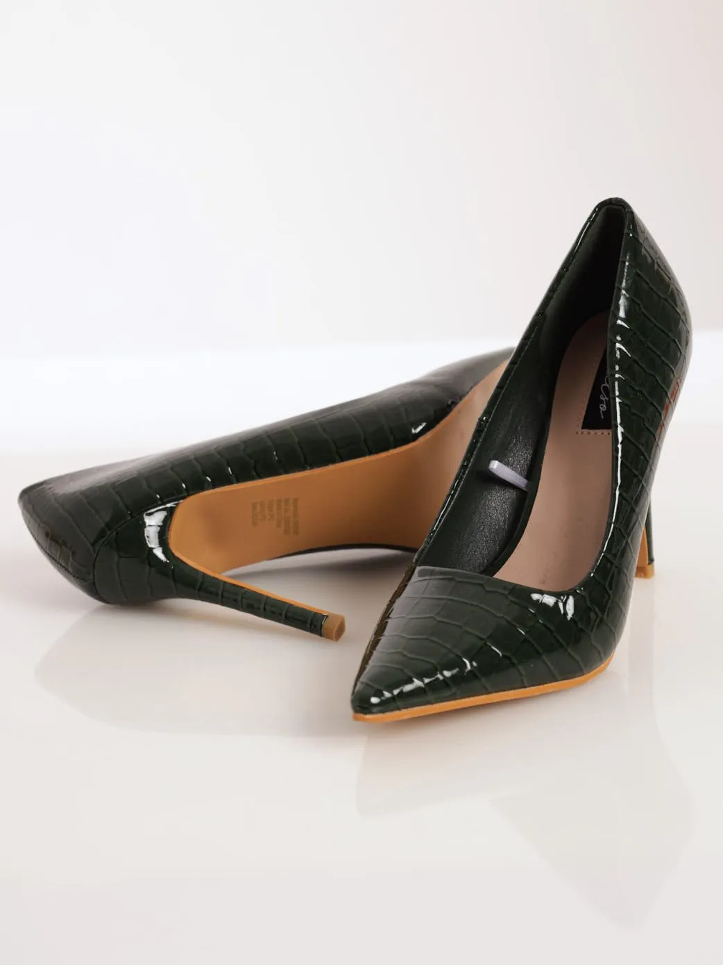 Ladies Croc Embossed Patent Pointed Stiletto Heel - Bottle