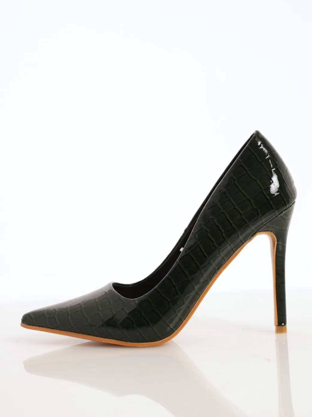 Ladies Croc Embossed Patent Pointed Stiletto Heel - Bottle