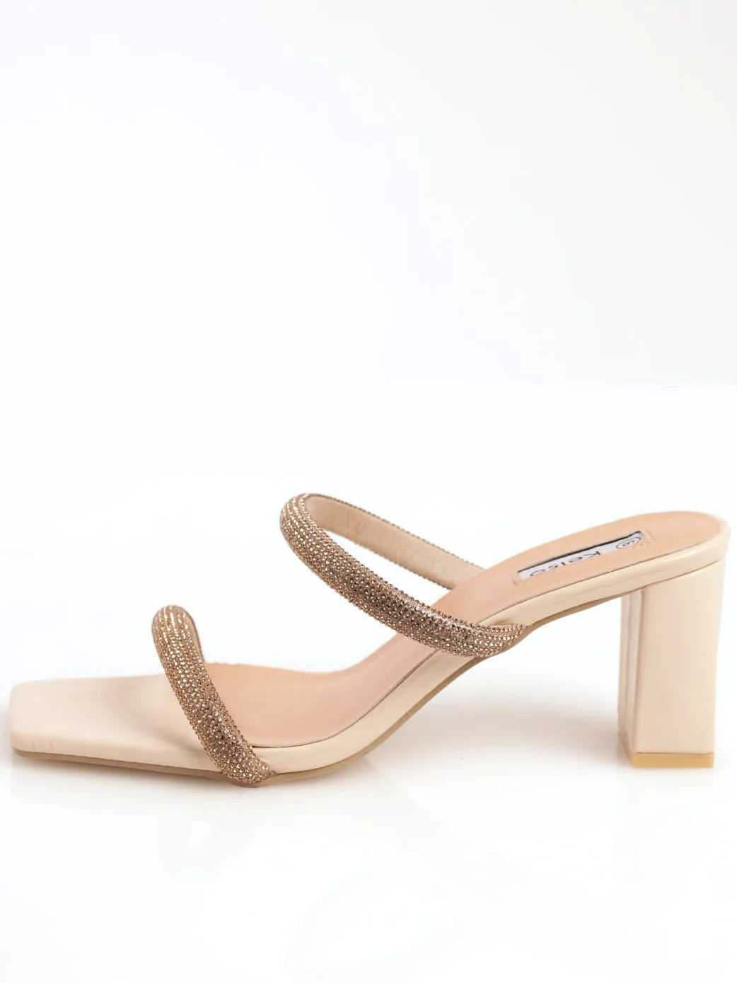 Ladies Double Strap Diamante Mule Sandal - Beige