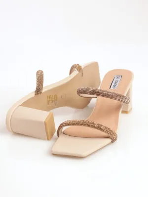 Ladies Double Strap Diamante Mule Sandal - Beige