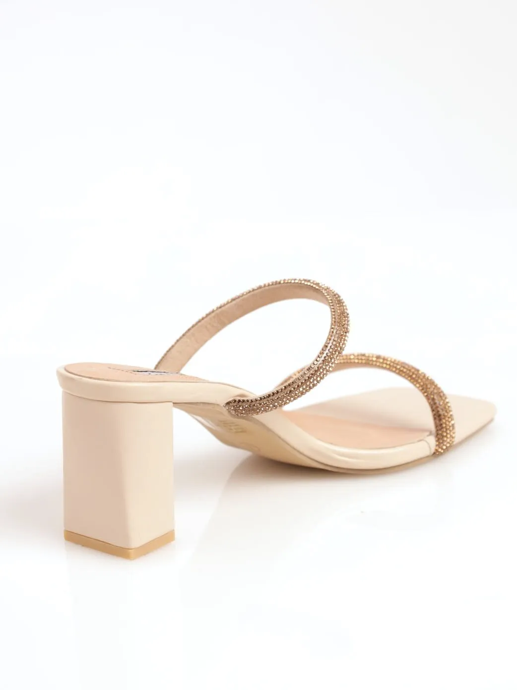 Ladies Double Strap Diamante Mule Sandal - Beige