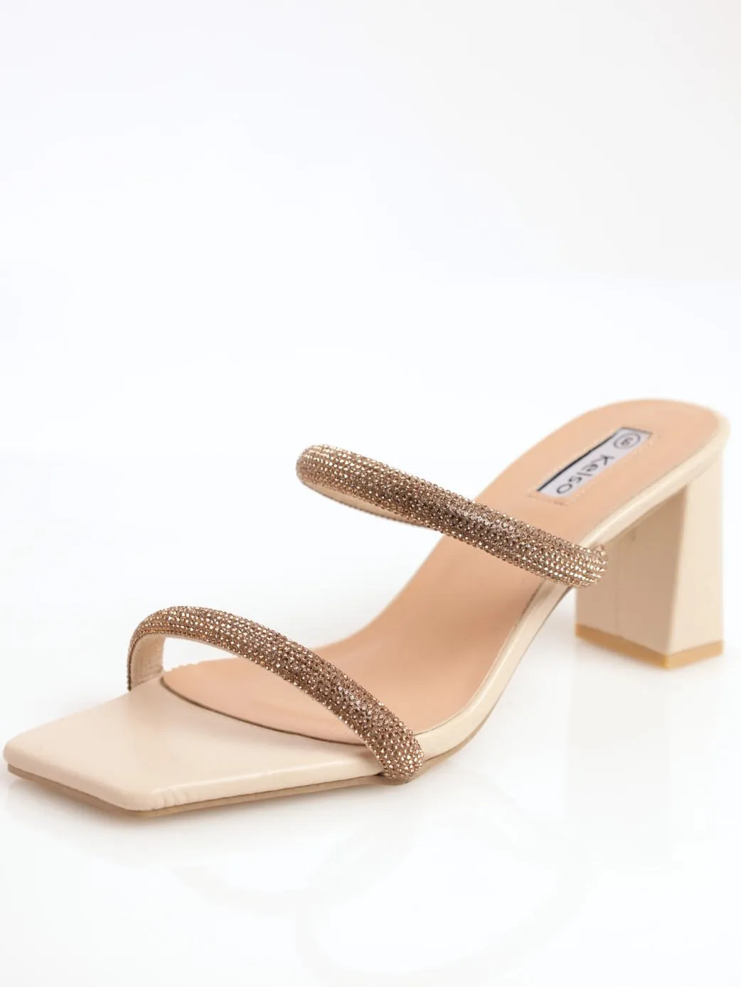 Ladies Double Strap Diamante Mule Sandal - Beige