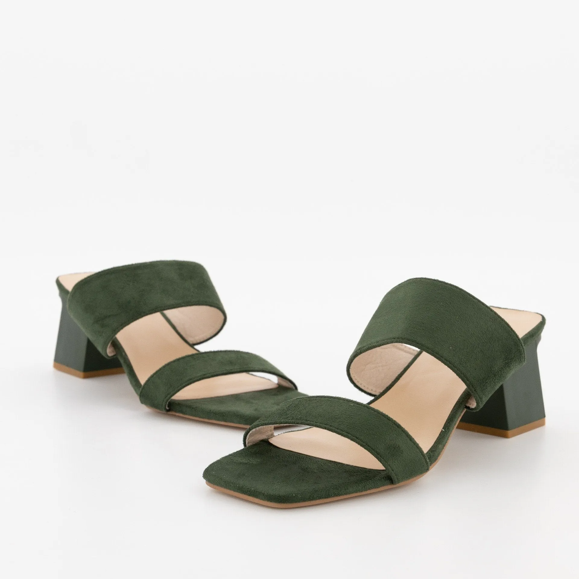 Ladies Double Strap Push-In Block Heel Mule - Bottle