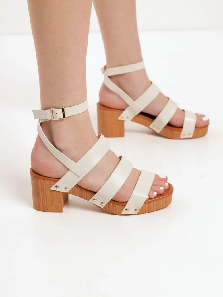 Ladies Mid Block Clog Heel With Ankle Strap - White