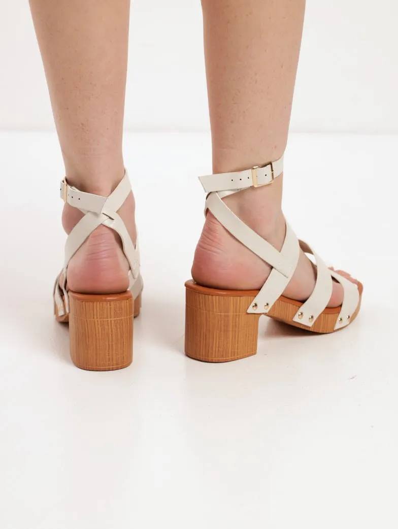 Ladies Mid Block Clog Heel With Ankle Strap - White