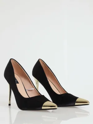 Ladies Pointed Court With Metal Toe Cap Heel - Black