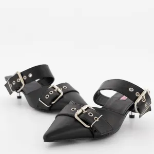 Ladies Pointed Open Back Double Buckle Court Heel - Silver