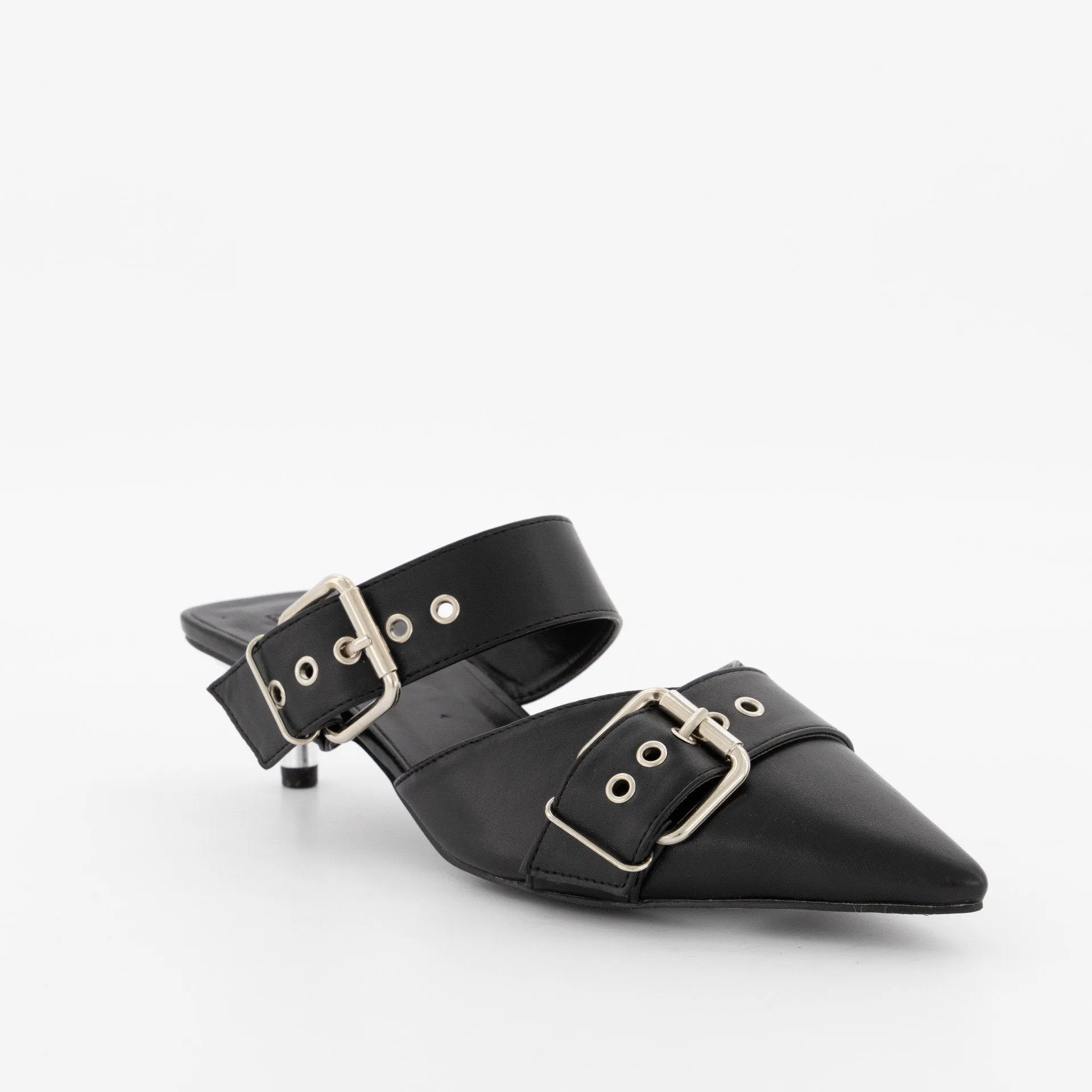 Ladies Pointed Open Back Double Buckle Court Heel - Silver