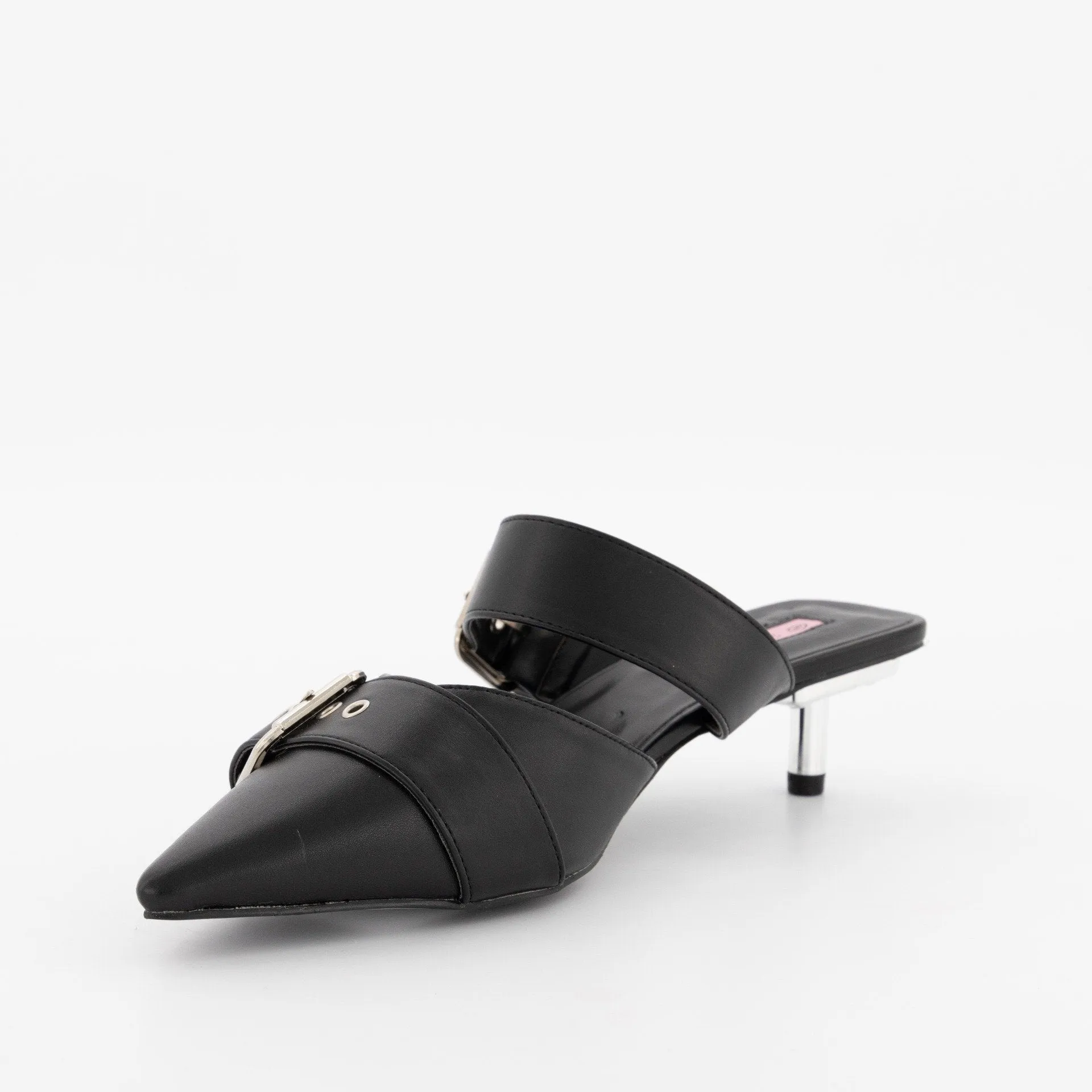 Ladies Pointed Open Back Double Buckle Court Heel - Silver