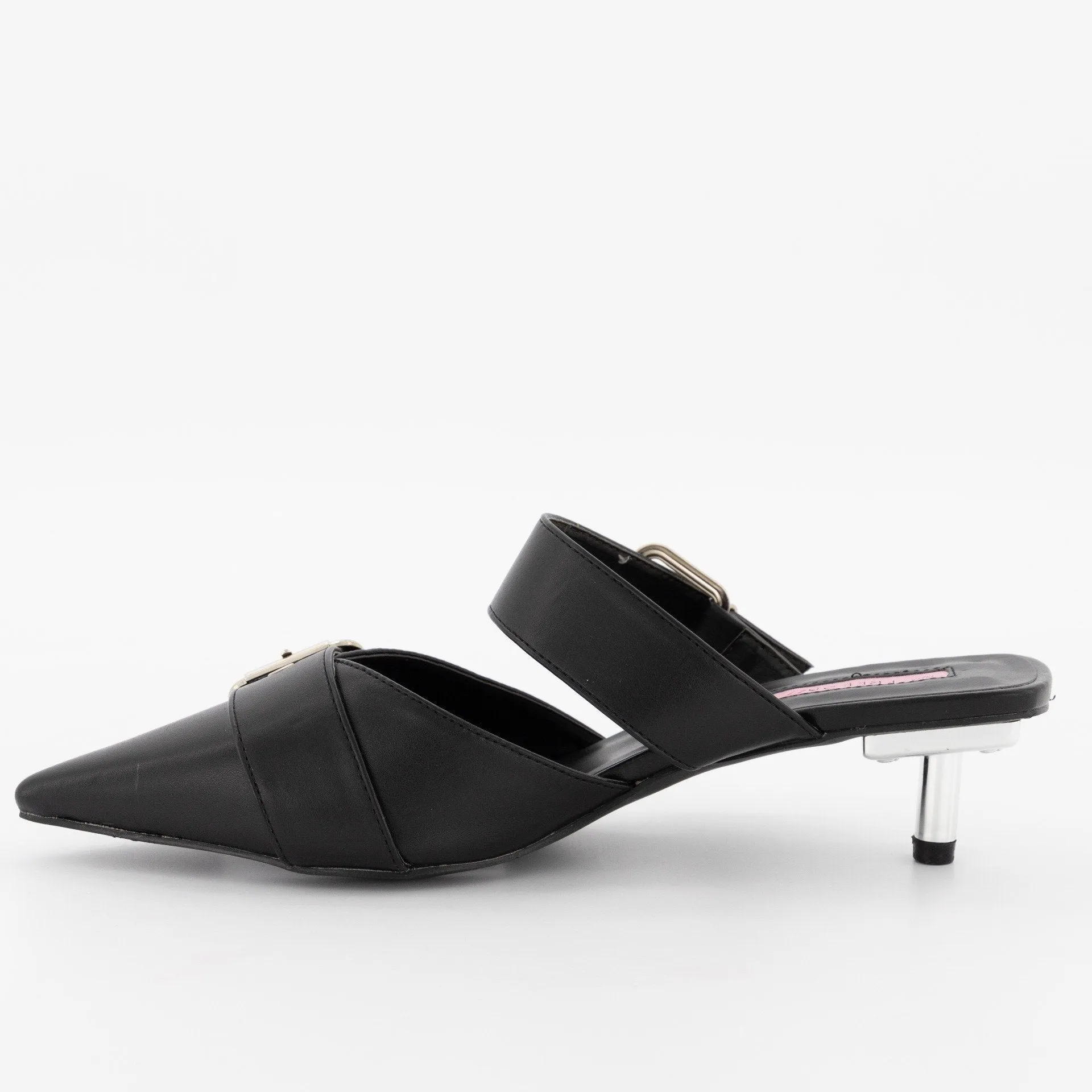 Ladies Pointed Open Back Double Buckle Court Heel - Silver