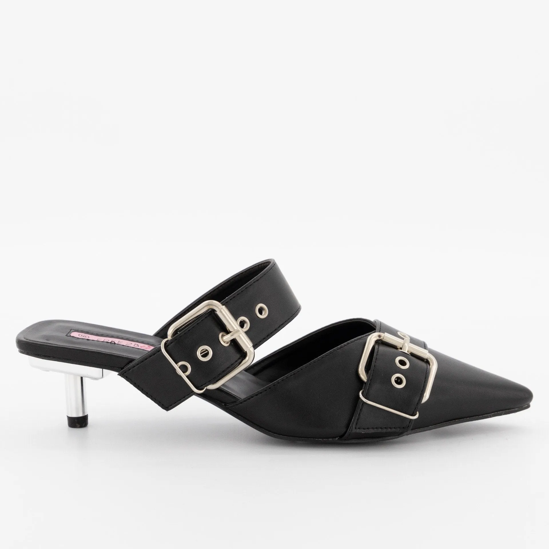 Ladies Pointed Open Back Double Buckle Court Heel - Silver