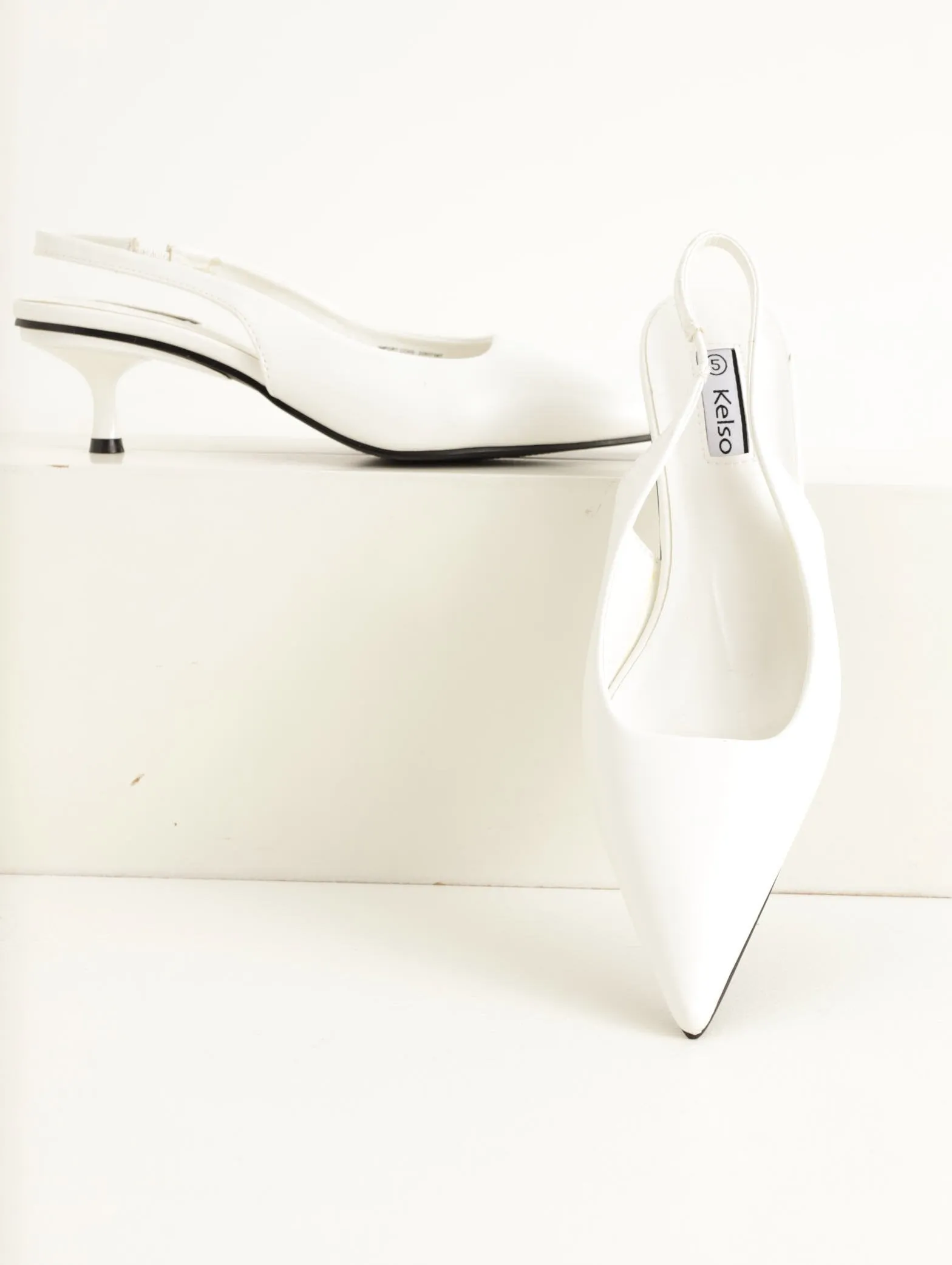 Ladies Pointed Slingback Sqaure Back Kitten Heel - White