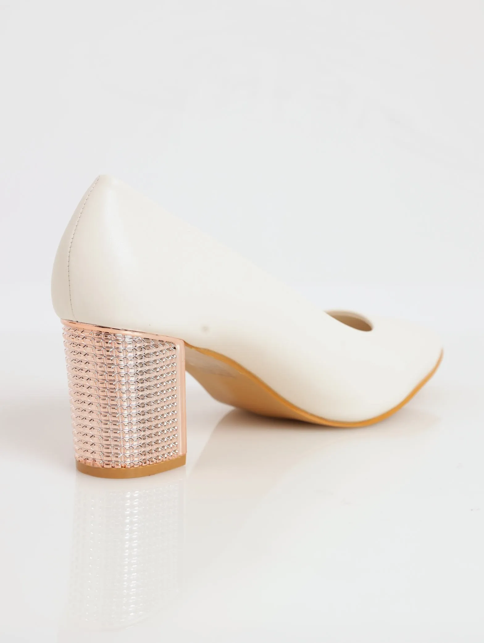 Ladies Pointed Toe Court Block Heel - Bone