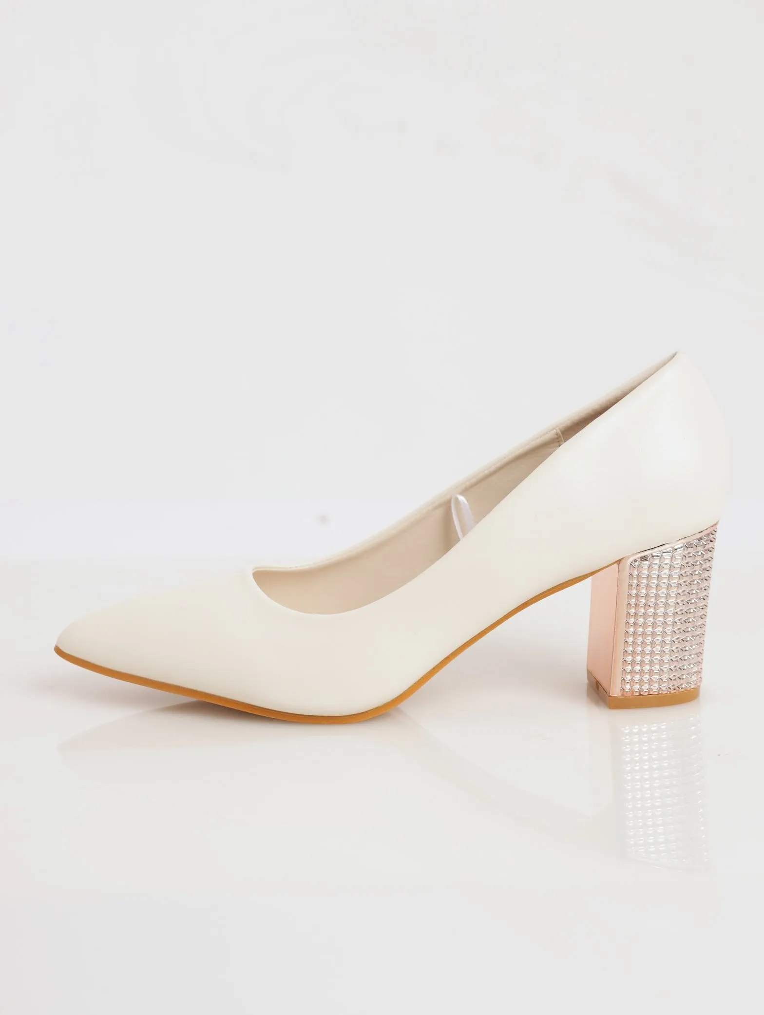 Ladies Pointed Toe Court Block Heel - Bone