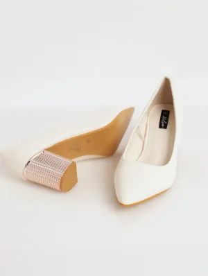 Ladies Pointed Toe Court Block Heel - Bone