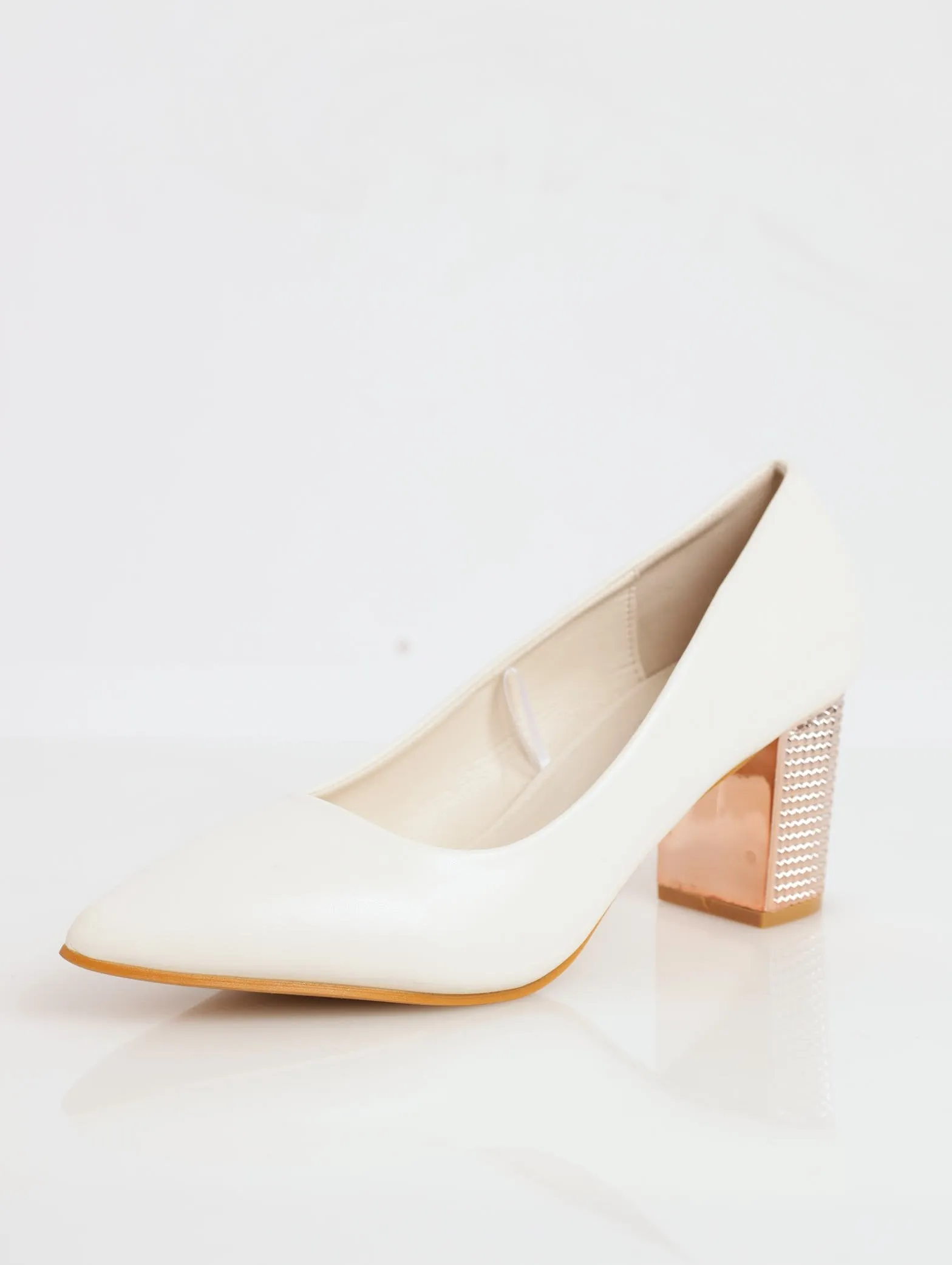 Ladies Pointed Toe Court Block Heel - Bone