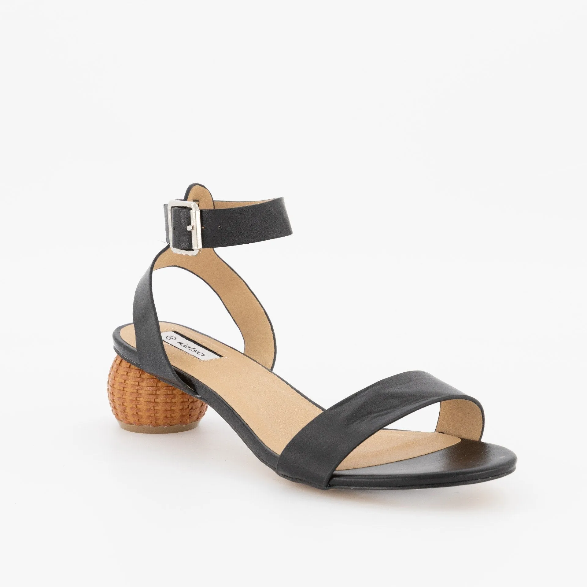 Ladies Round Toe Ankle-Strap Sandal On Basket Heel - Black