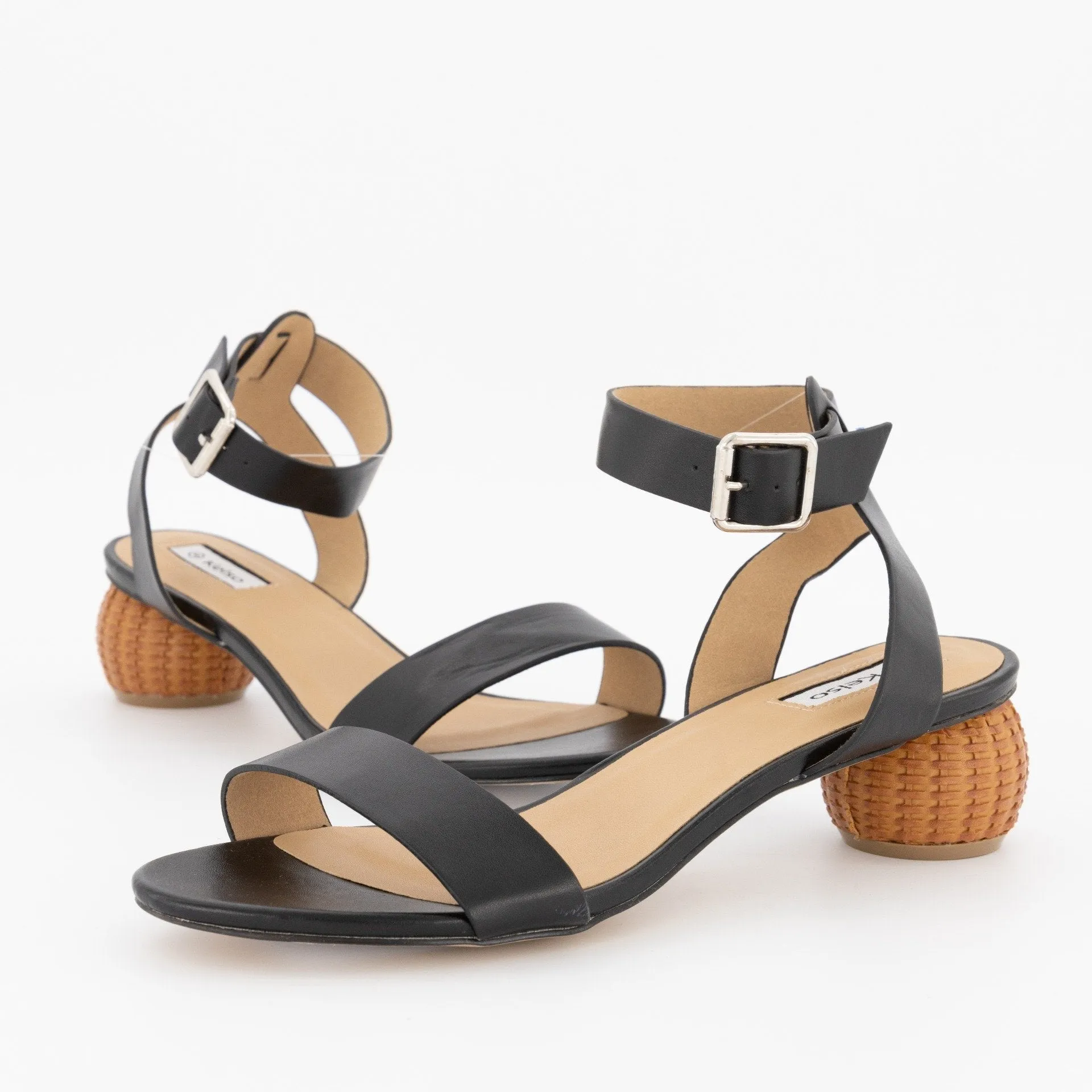 Ladies Round Toe Ankle-Strap Sandal On Basket Heel - Black