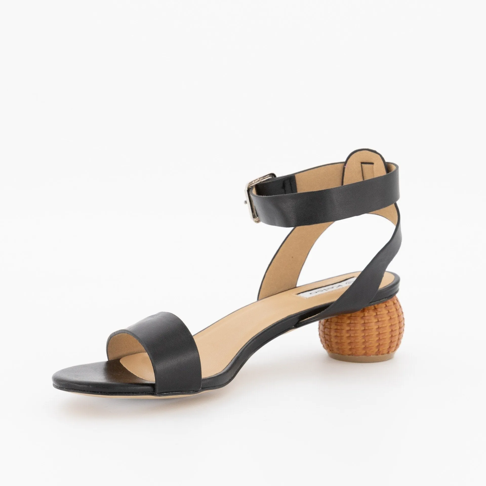 Ladies Round Toe Ankle-Strap Sandal On Basket Heel - Black