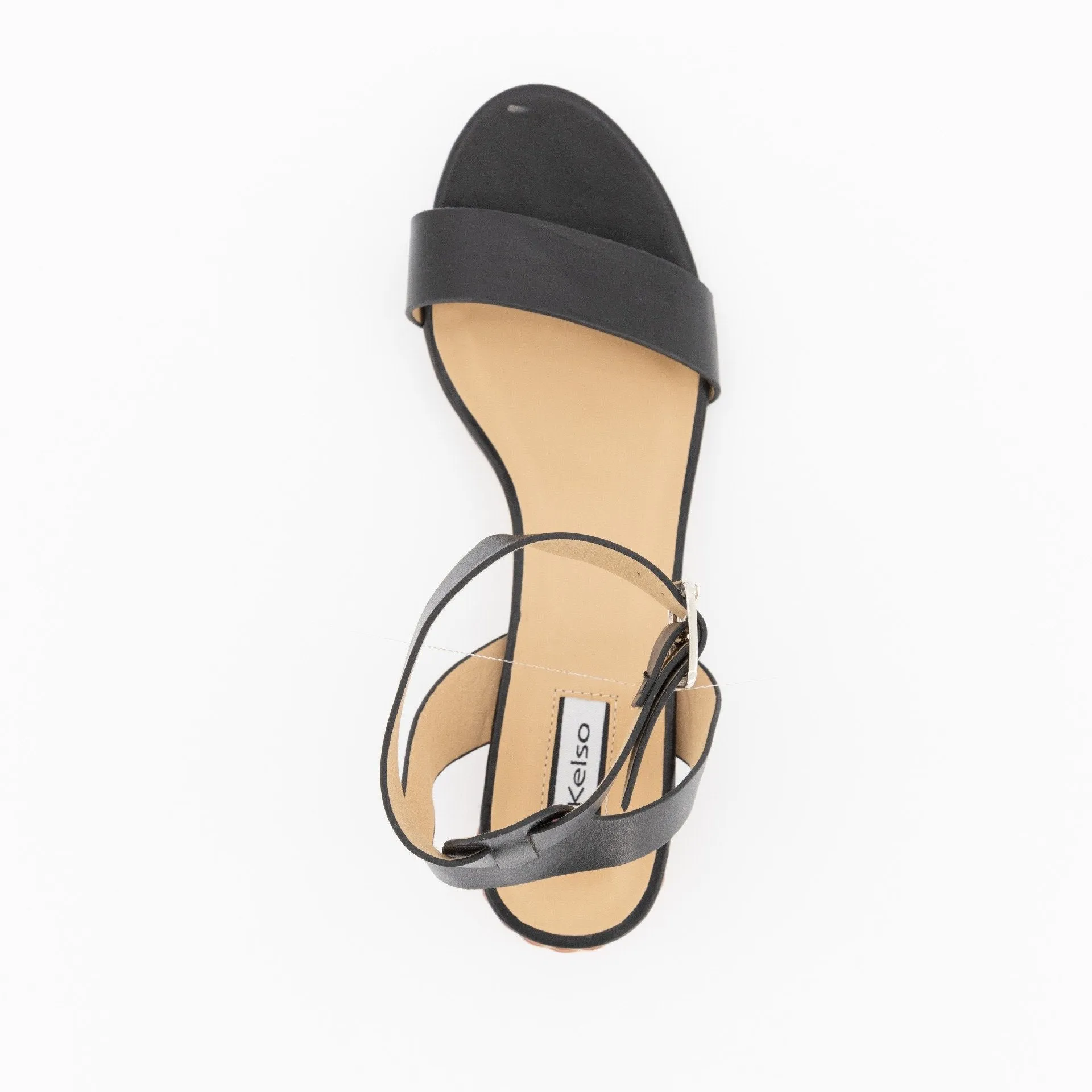 Ladies Round Toe Ankle-Strap Sandal On Basket Heel - Black