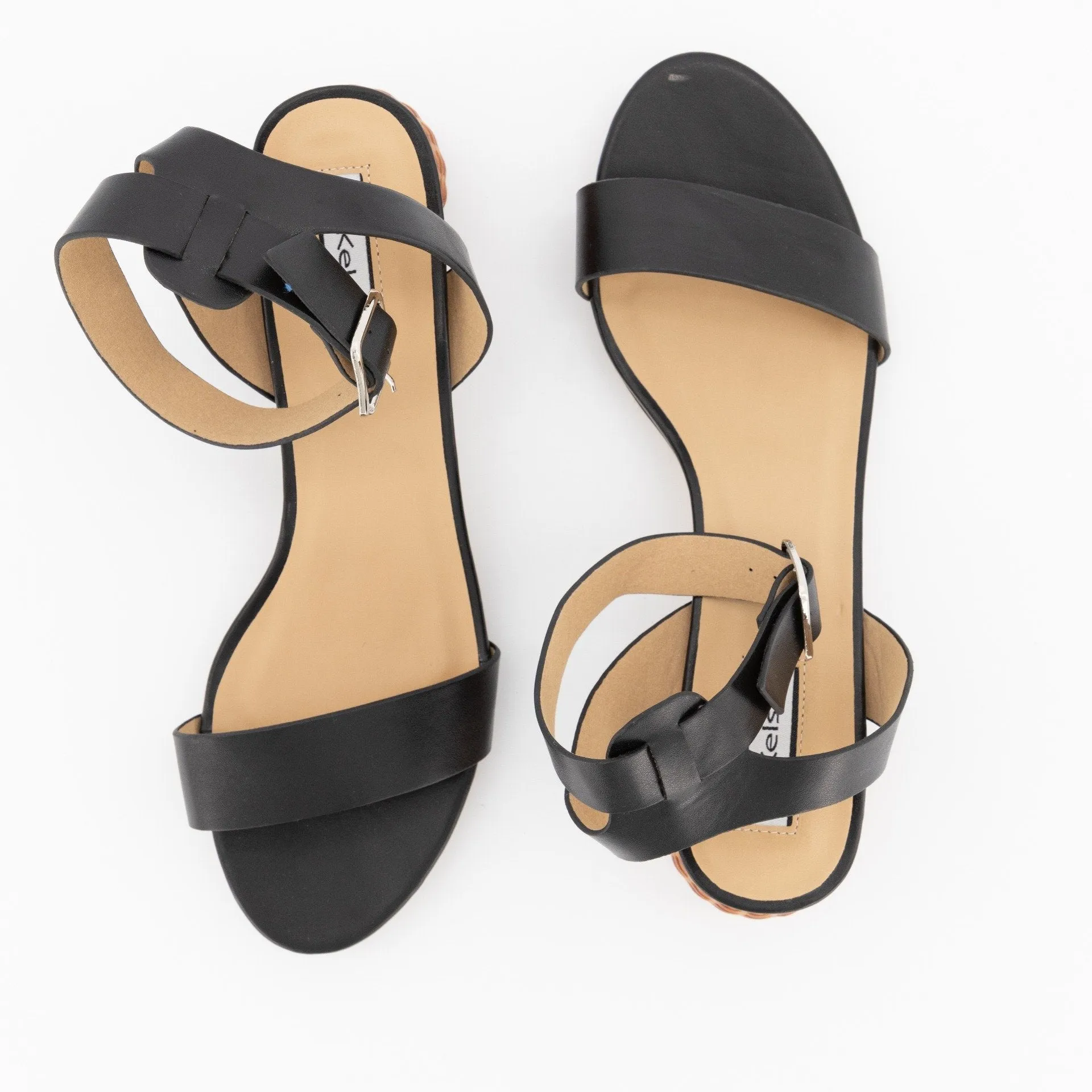 Ladies Round Toe Ankle-Strap Sandal On Basket Heel - Black
