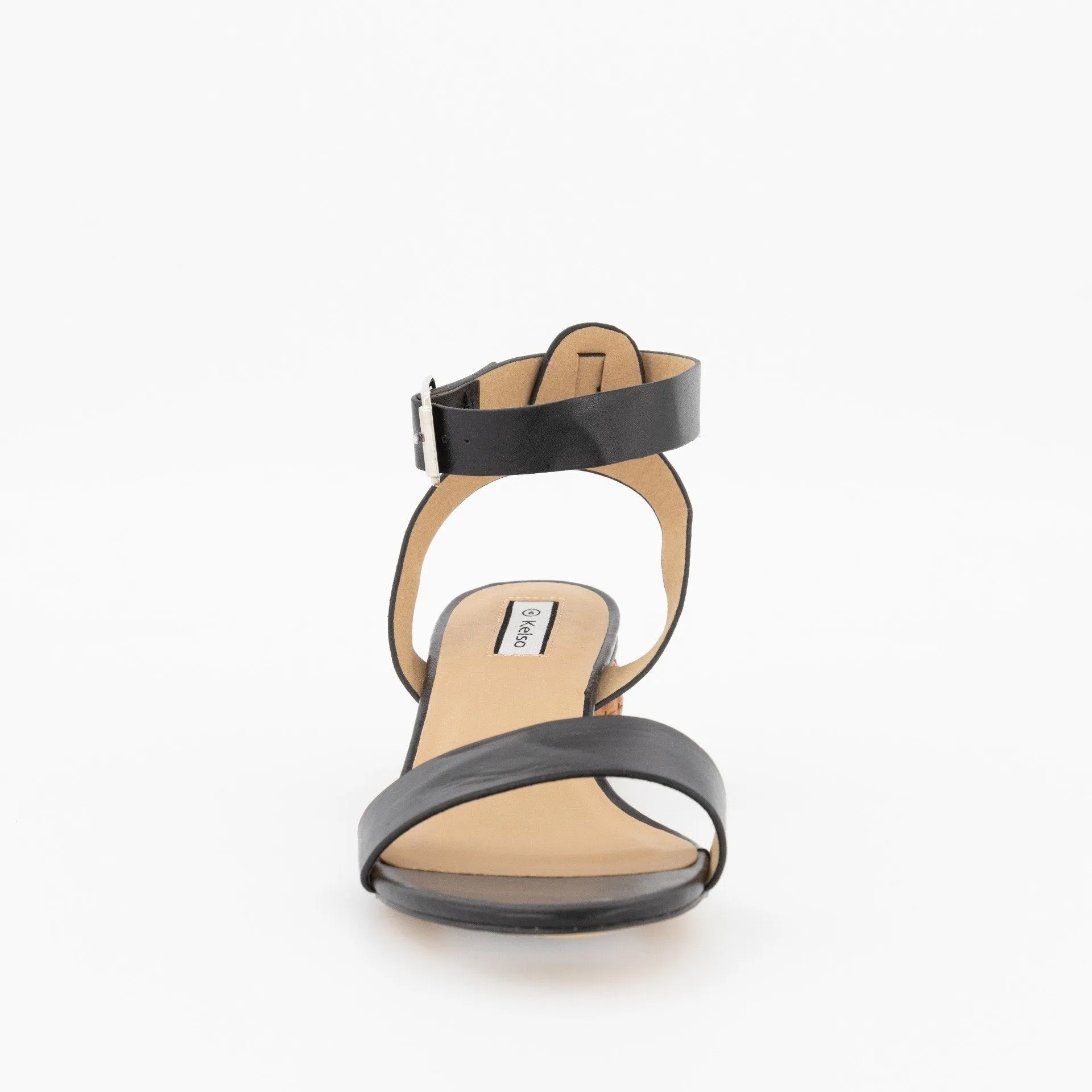 Ladies Round Toe Ankle-Strap Sandal On Basket Heel - Black