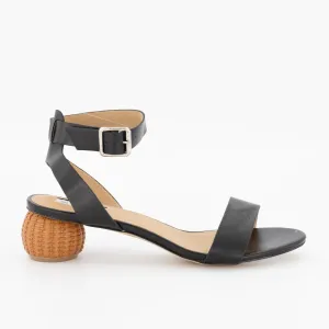 Ladies Round Toe Ankle-Strap Sandal On Basket Heel - Black