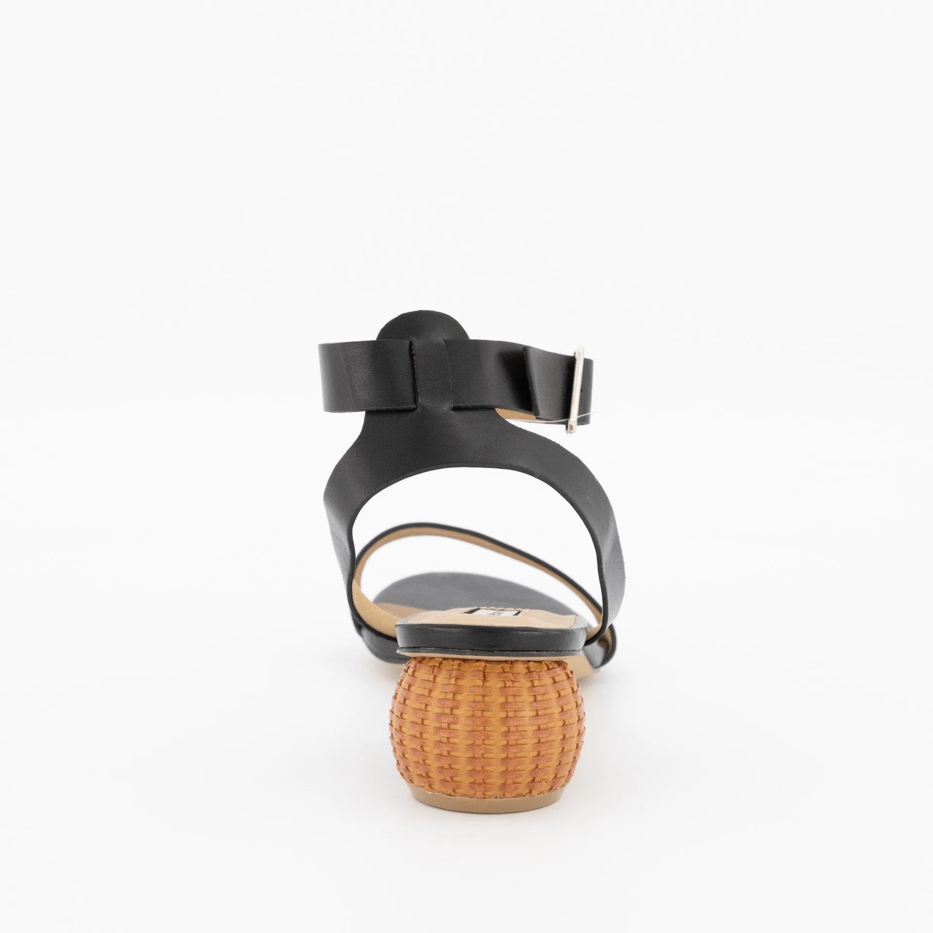 Ladies Round Toe Ankle-Strap Sandal On Basket Heel - Black