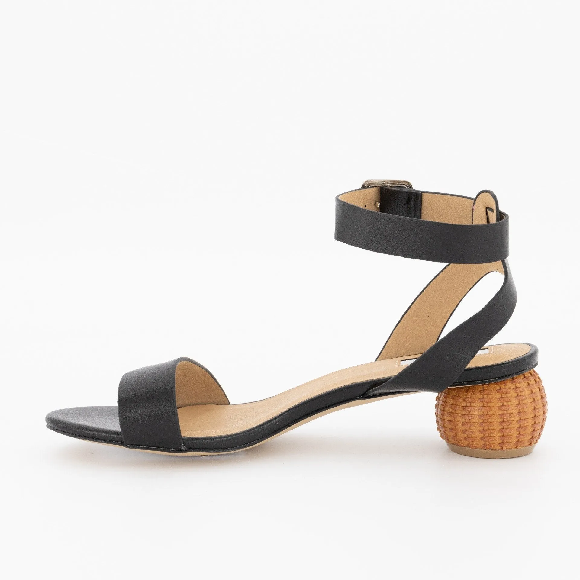 Ladies Round Toe Ankle-Strap Sandal On Basket Heel - Black