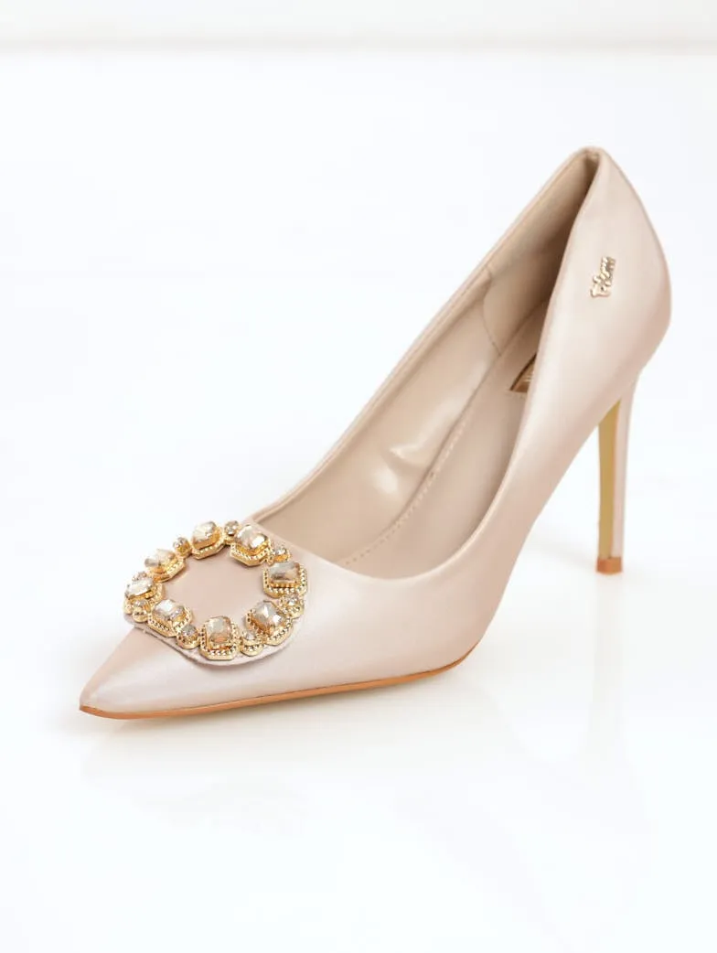 Ladies Satin Court Heel With Buckle - Gold
